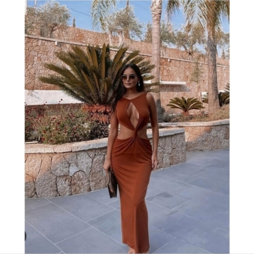 Zara Cut Out Maxi Dress Brown SizeM - Picture 7 of 13
